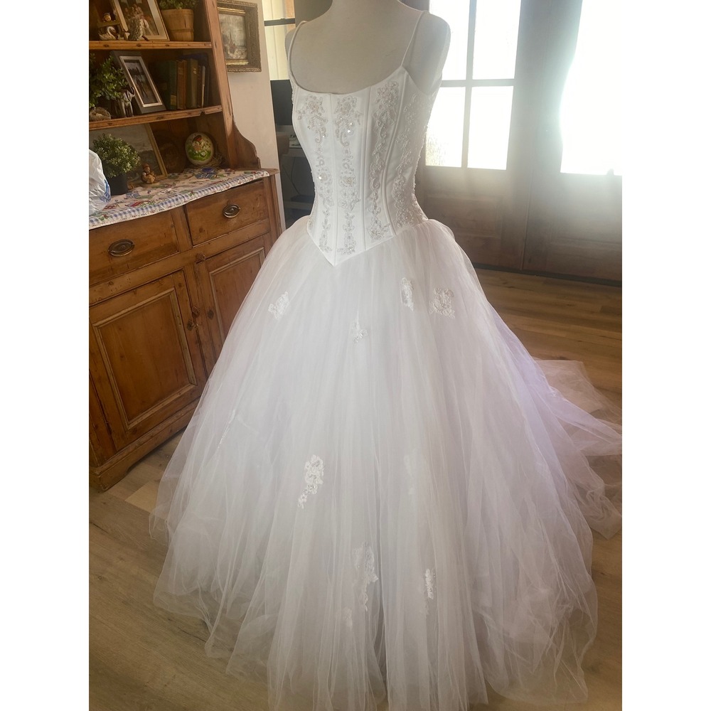 Vintage 90s Ball Gown Wedding Dress Tulle Sequin Pearl Basque Waist White
